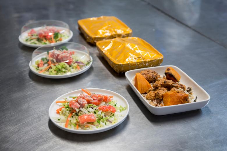 Salads and hot meals finished, ready to be served